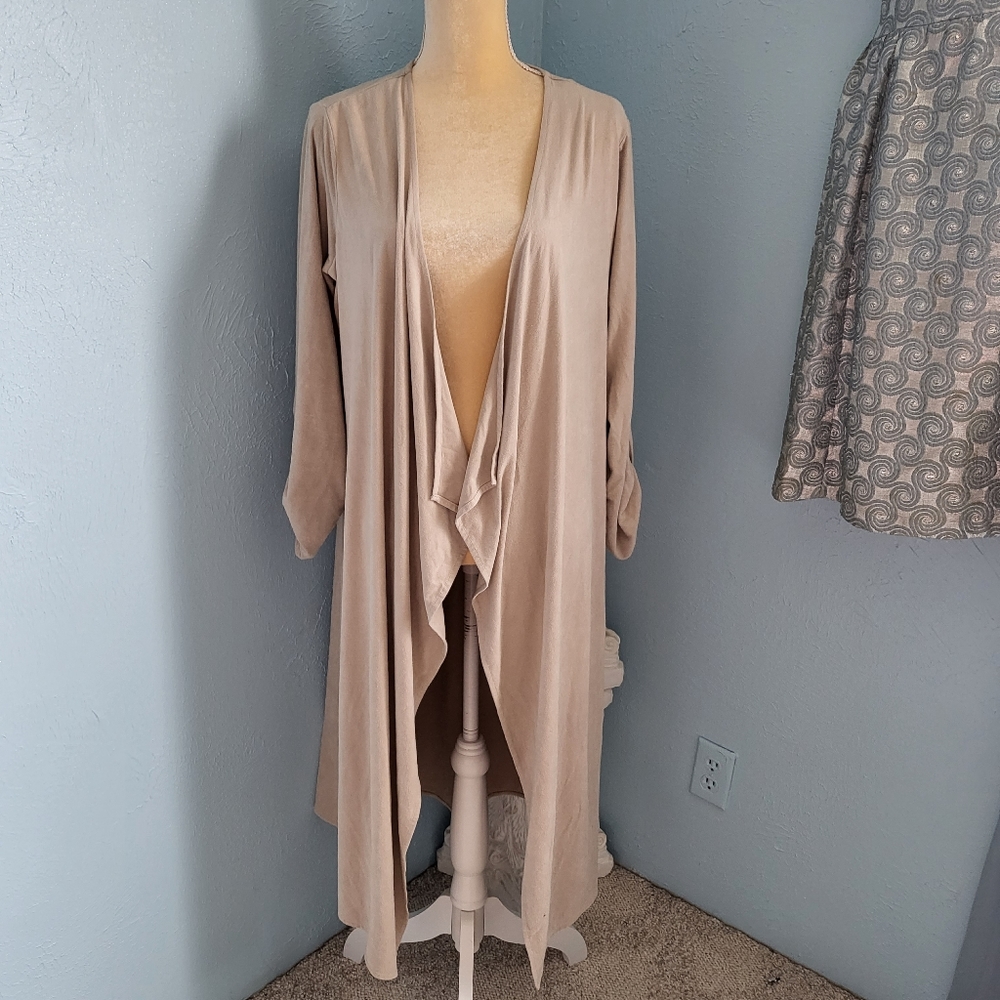 T Tahari faux suede long duster cardigan jacket A88